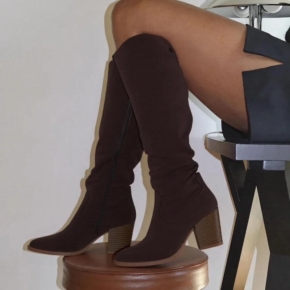 🆕Womens Suede Chocolate Side Zipper Knee High Pointed Toe Chunky Heel Tall Boot